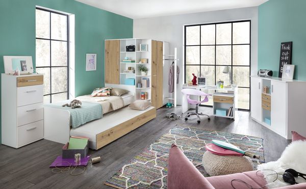 Jugendzimmer Joker in Weiß und Artisan Eiche Kinderzimmer Komplett Set Made in Germany – in verschiedenen Varianten wählbar - 8 teilig , Eckkleiderschrank + Garderobe + Jugendbett 90x200cm + Ausziehliege + Hochkommode + Kommode + Schreibtisch + Rollcon...