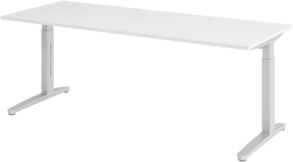bümö manuell höhenverstellbarer Schreibtisch 200x80 in weiß, Gestell in silber - PC Tisch höhenverstellbar & groß, höhenverstellbarer Tisch Büro, großer Computertisch verstellbar, X20-W-SS