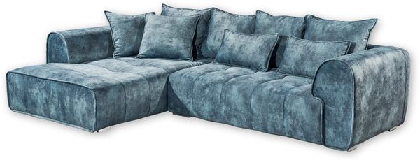 LONDON Ecksofa, Stoffbezug Smoke Blue - Moderne Eckcouch in L-Form mit universell stellbarer Ottomane & dekorativer Steppung - 320x72 (92) x 197 (B/H/T)
