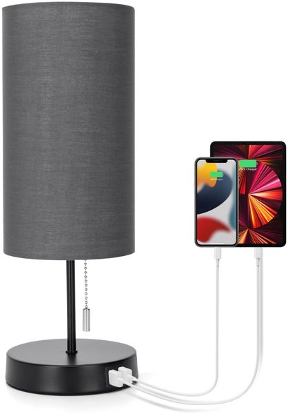 Aigostar Nachttischlampe mit 2 USB-Ladeanschlüssen, E27 Tischlampe mit Zugschalter, Metall Basis, Modern Tischleuchte für Schlafzimmer, Wohnzimmer, Schreibtisch, Babyzimmer - Grau