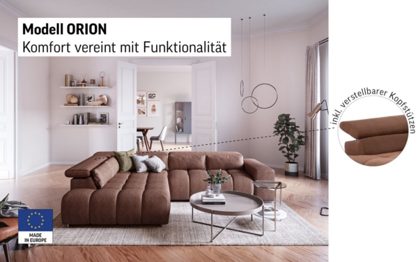COTTA Ecksofa Orion L-Form, mit Ottomane, inklusive verstellbarer Kopfstützen und 5 Nierenkissen Bild 2