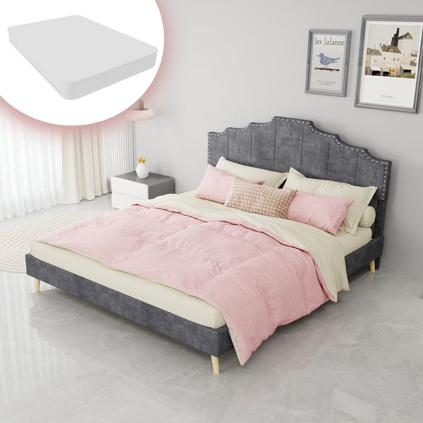 Modern minimalist soft bed, comfortable and soft headboard, 160*200CM, gray, multifunctional bedroom furniture, bed frame with low box does not include pneumatic rod,include 160*200CM mattress.