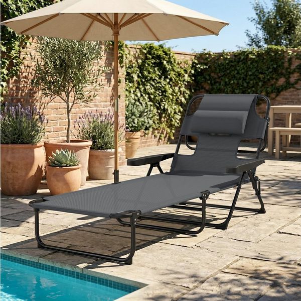 Outsunny Gartenliege klappbar mit Lesefenster, Kopfkissen, 4-Fach verstellbare Rückenlehne, Campingliege, 1 St, Relaxliege, für Garten Strand Pool, Dunkelgrau