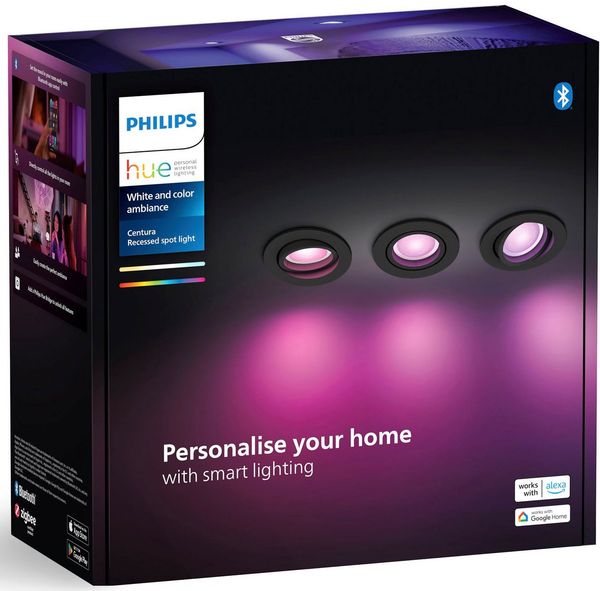 Philips Hue White & Color Ambiance Centura runde Einbauspots 3-er Pack, dimmbare Deckenlampen für das Hue Lichtsystem mit 16 Mio. Farben, smarte Lichtsteuerung über Sprache und App, schwarz Bild 4