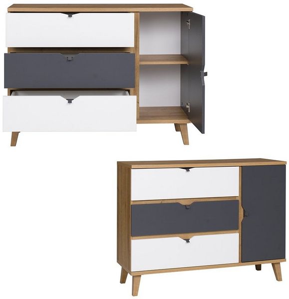 Lomadox Jugendzimmer-Set MARIBOR-132, (Sparset, 4-tlg), Kommode Schreibtisch Wandboard Bücherregal Eiche weiß graphit