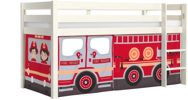 Kinderbett Karolina 210x114x106 Massivholz Weiß Textilset Feuerwehr