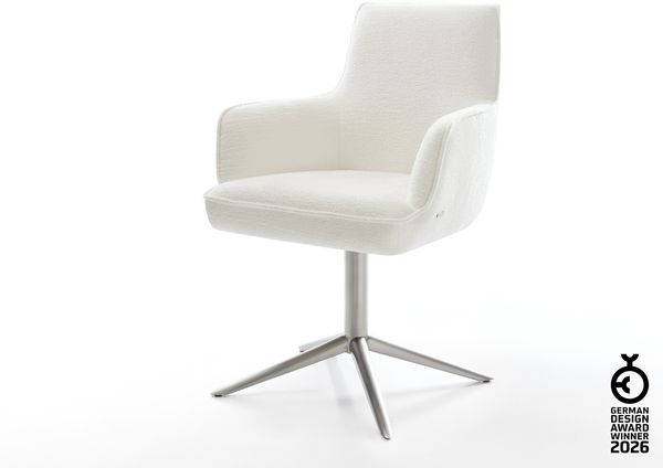 Drehstuhl Heira-Flex mit Armlehnen Bouclé Soft Beige Fußkreuz Edelstahl 360° drehbar Wippfunktion Taschenfederkern