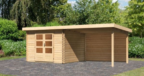 Gartenhaus Bastrup 7 - 640x297 cm mit Anbaudach 3,00 m mit Rückwand, 28 mm Holz naturbelassen, Karibu