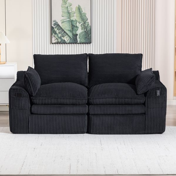 2-Sitzer Sofa 191 x 94 x 85 cm in Schwarz – Cordbezug, Seitentaschen und Kissen
