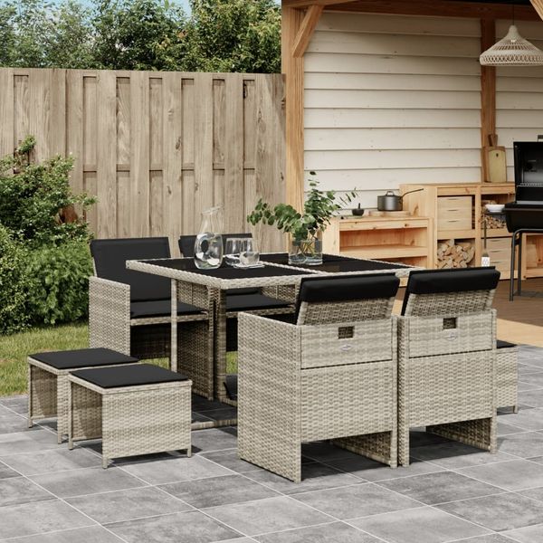 vidaXL 9-tlg. Garten-Essgruppe mit Kissen Hellgrau Poly Rattan 3210599