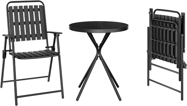 Woltu Balkonset, (3-tlg), Bistrotisch & 2 Klappbare Stühle, Wetterfest und Stabil, Schwarz
