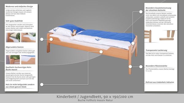 Jugendbett Easy Premium Line K1/1n, Buche Vollholz massiv Natur - Maße: 90x190 cm