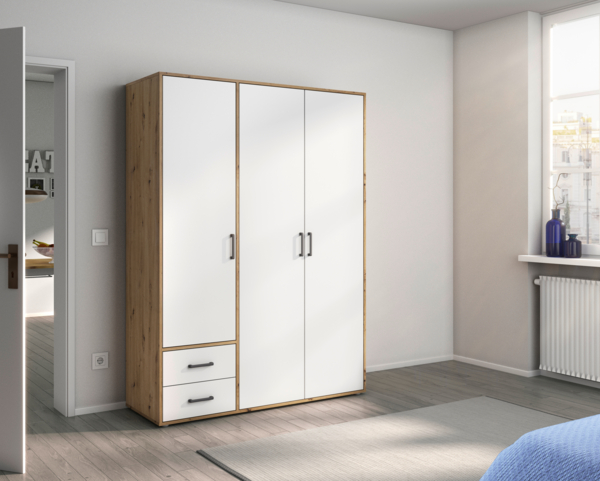 rauch Kleiderschrank; Drehtürenschrank VOYAGER, 3-türig, 2 Schubkästen, Alpinweiß/Eiche Artisan, 140x194x53xcm