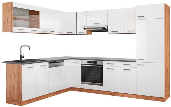 Eckküche R-Line Weiß Hochglanz/Goldkraft Eiche 287 x 60 cm , AP Anthrazit Vicco