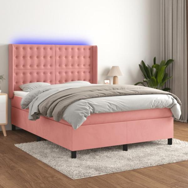 vidaXL Boxspringbett mit Matratze & LED Rosa 140x200 cm Samt 3139810