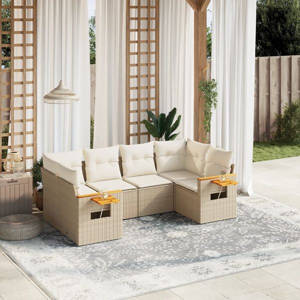 vidaXL 6-tlg. Garten-Sofagarnitur mit Kissen Beige Poly Rattan 3259503