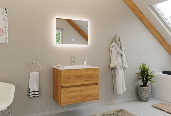 Badmöbel Set Taifun 2tlg. 70cm mit LED Spiegel eiche gold : Eiche Gold
