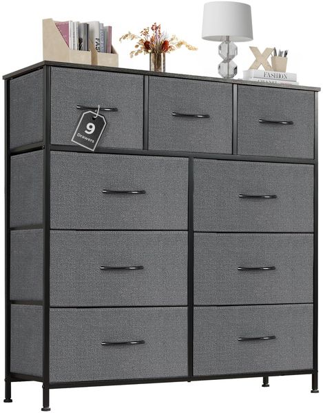 Sweetcrispy Kommode mit Stoff-Schubladen, Sideboard mit 9 Stoff-Schubladen, Schubladenschrank, Organisationsmöbel für Küche, Büro, Flur, TV-Schrank mit Schubladen