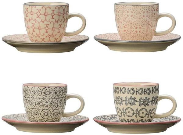 Bloomingville Espressotasse Cécile Espresso Cup & Saucer,Rose,Stoneware, 90ml, 4er Set Espresso Tassen, 4-teilig Kaffeetasse, Espressotasse