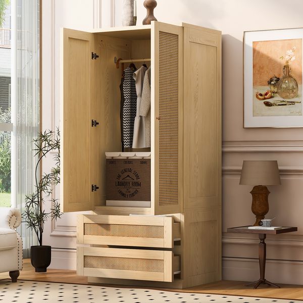 Merax Kleiderschrank 70*55*170cm, mit Schubladen und Ablagefächern, Türen aus Kunstrattan, Holzfarbe