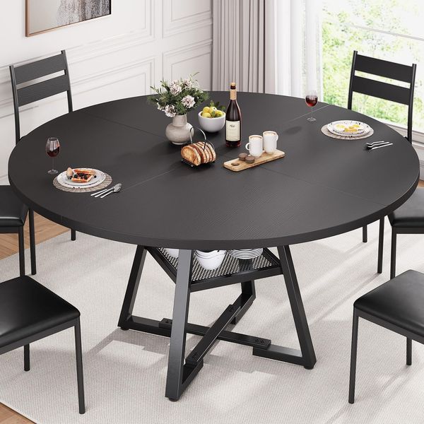 Jocoevol Esstisch Runder für 4-6 Personen, Esszimmertisch mit Ablage, platzsparender Küchentisch aus Holz im Industrial Design (Schwarz, 130 x 130 x 76 cm)