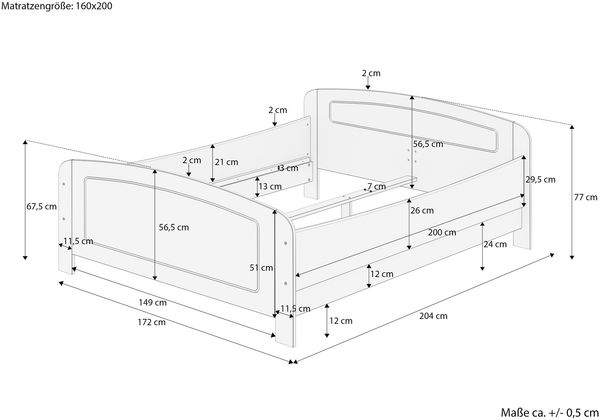 Weißes Holzbett Seniorenbett extra hoch 160 x 200 Zubehör wählbar V-60.44W-16Rollrost und Matratze inkl. Bild 4