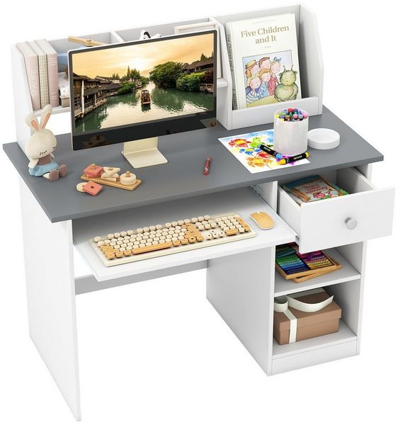 COSTWAY Kinderschreibtisch, mit Schublade, Bücherregal & Tastaturablage