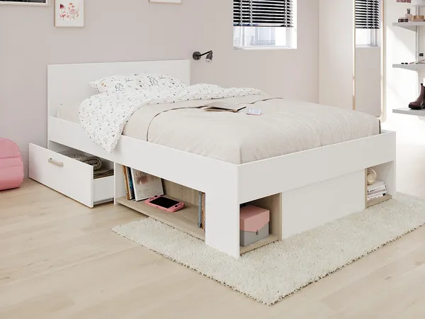 Vente-unique - KINSELIA Bett Holz, Platte BeigeWeiß - B 203,4 cm x H 76 cm x L 124 cm