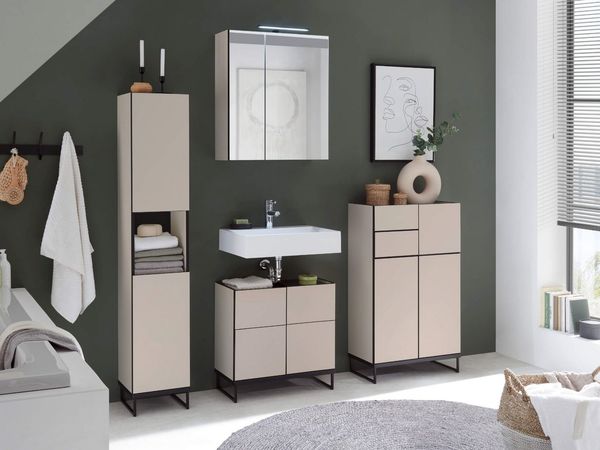 moebel-dich-auf Badmöbel-Set VENEZIA, (inklusive LED-Beleuchtung, kaschmir Spiegelschrank WBU optional mit Hoch-/Highboard), Metall Füße
