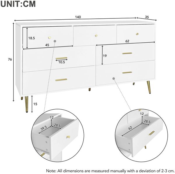 Sideboard Weiß 140 cm mit 7 Schubladen, moderne Kommode mit goldenen Griffen, Aufbewahrungsschrank, Wohnzimmer Sideboard Bild 7