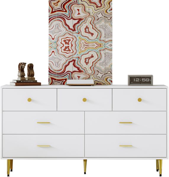 Sideboard Weiß 140 cm mit 7 Schubladen, moderne Kommode mit goldenen Griffen, Aufbewahrungsschrank, Wohnzimmer Sideboard Bild 8