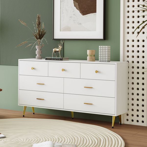 Sideboard Weiß 140 cm mit 7 Schubladen, moderne Kommode mit goldenen Griffen, Aufbewahrungsschrank, Wohnzimmer Sideboard