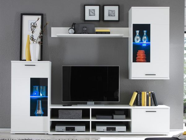 Wohnwand >Kenton< in Weiß aus Glas - 230x185x38cm (BxHxT)
