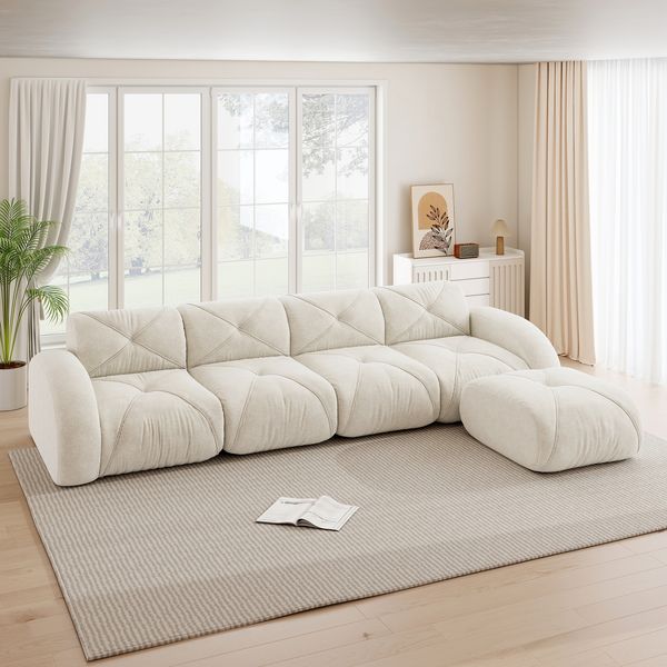 Ecksofa Modular Light Beige aus Chenille, rahmenloses 4-Sitzer Sofa mit flexiblem Lounge-Design,76x358x171 cm
