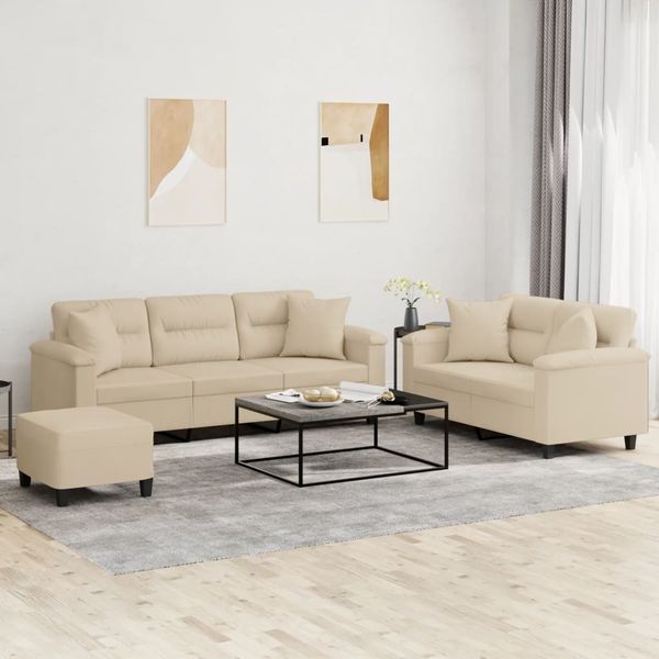 vidaXL 3-tlg. Sofagarnitur mit Kissen Creme Mikrofasergewebe 3202360