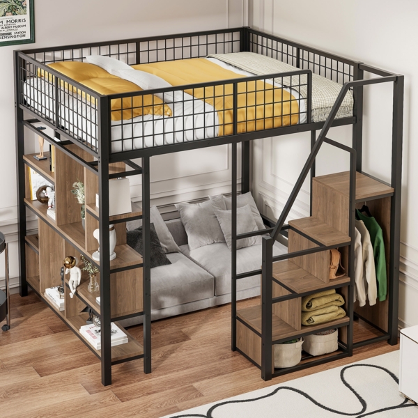 Merax Hochbett 140 x 200 cm, Erwachsenenbett und Kinderbett, Metallbett mit Stauraum, Ablageflächen und Treppe, Schwarz