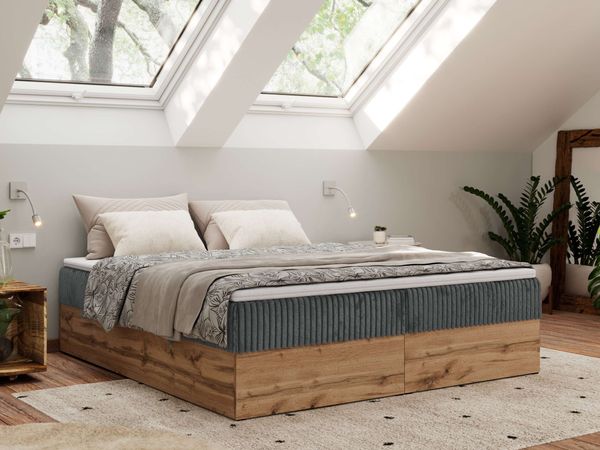 Polsterbett mit Bettkasten, Boxspringbett ohne Kopfteil WOOD ZERO, 7-Zonen Multipocket-Matratze und Topper, modernes Bett für Schlafzimmer - Grau Cordstoff - 160 x 200 cm - H4