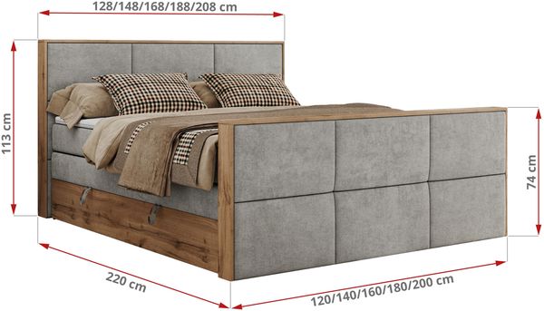 Doppelbett, Boxspringbett mit zwei Multipocket-Matratzen und ein Topper, Bettkästen, Eiche Wotan Holzrahmen, genähtes Kopfteil und Front - ALBERO 2 KING DUO - 200 x 200 cm - Hellgrau Stoff - H4 Bild 6