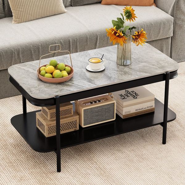 COSTWAY Couchtisch, rechteckig mit Stauraum, Marmor Wohnzimmertisch grau