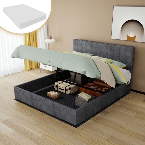 Modern Minimalist Upholstered Bed with Soft and Comfortable Headboard, 160x200 cm, Grey, Multi-Functional Bedroom Furniture, High-Profile Storage Base, Included160*200cm mattress