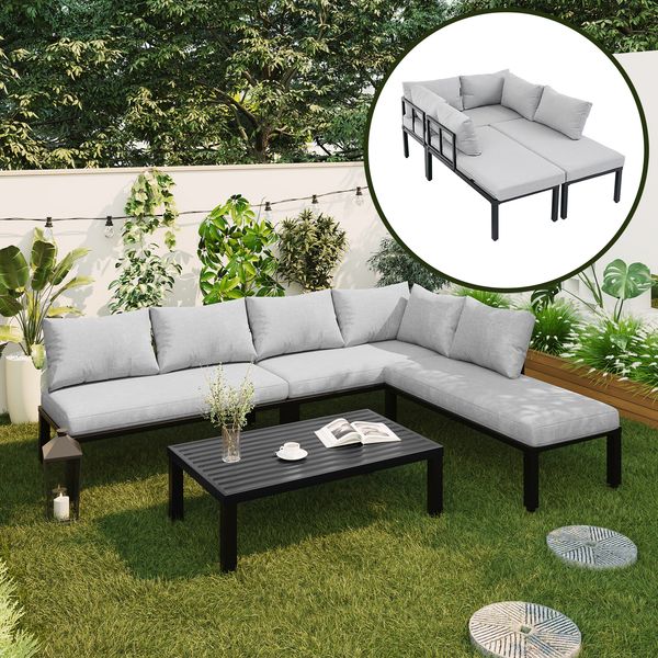 Garten-Essgruppe,Gartenmöbel-Set, Garten-Loungesessel-Set mit verzinktem Eisenrahmen,6-Sitzer, verstellbare Beine, abnehmbare Rückenlehne, modulares Sofa, Tischplatte aus verzinktem Eisen, grau
