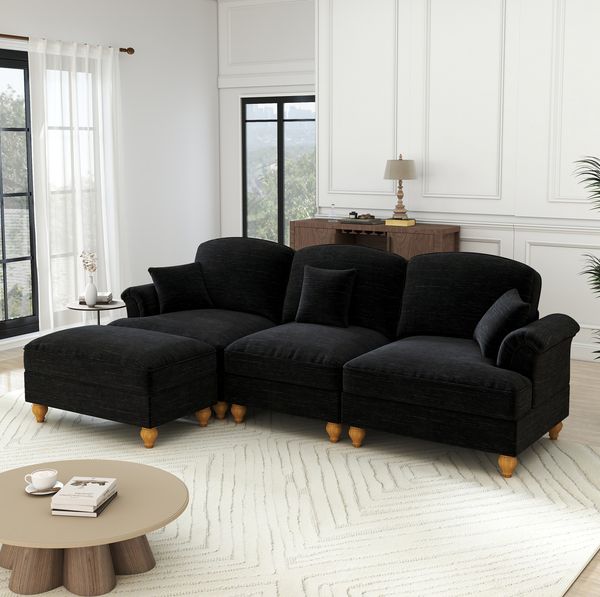 Ecksofa aus Chenille in Schwarz mit abnehmbarem Rüschenrock, 272 x 140 x 93 cm, und beweglichem Kissen