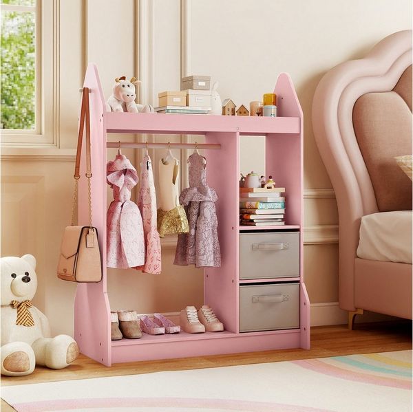 COSTWAY Kleiderständer, Kinderspiel-Kleiderschrank mit Acrylspiegel, Kleiderbügel