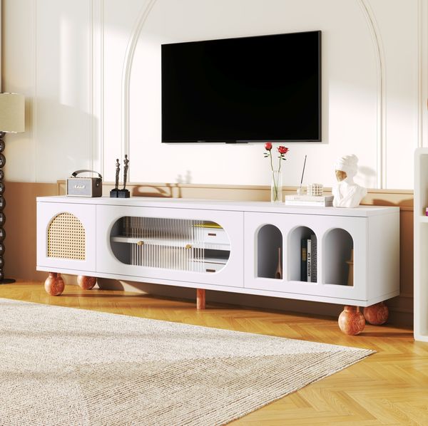 TV-Schrank 170x47x37 cm mit Rattan-ähnlichen Türen und Glasschiebetüren