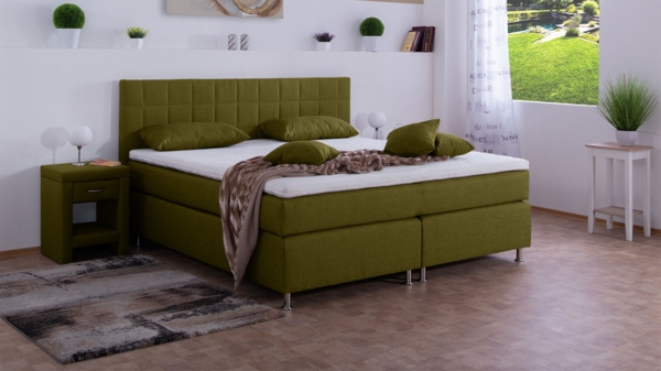 Meisterbetten Boxspringbett Inka 200x200 in WT-Grasgrün, Matratzenbezug Nano, Komfortschaum-Topper