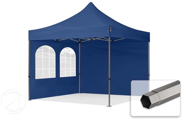 3x3 m Faltpavillon, PREMIUM Stahl 40mm, Seitenteile mit Sprossenfenstern, blau
