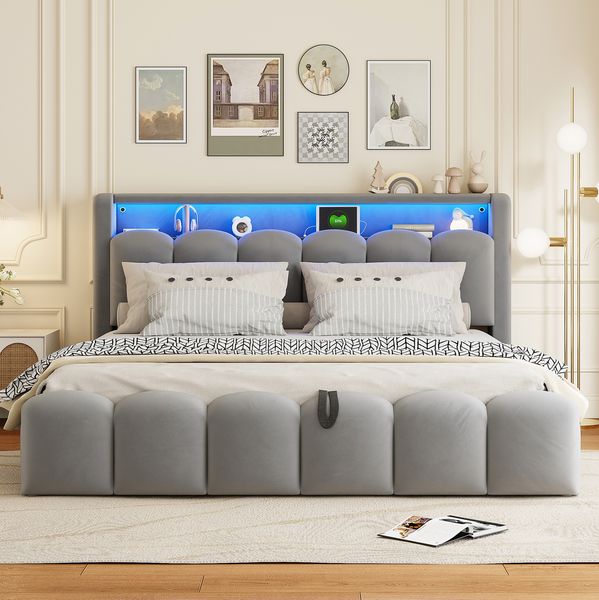 Polsterbett, Samt mit LED, USB-Anschluss & Stauraum, 180x200 cm, Grau, ohne Matratze