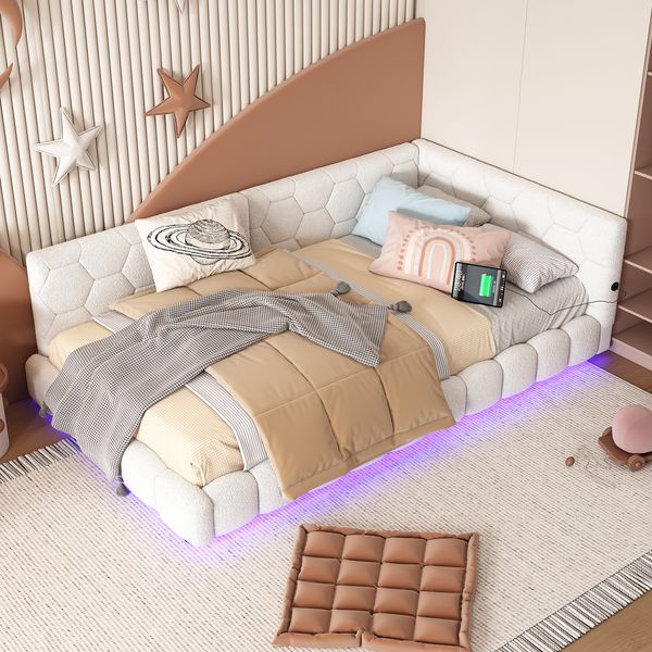 Tagesbett 90x200cm mit LED-Umgebungslicht in 16 Farben, Schlafsofa mit USB- und Typ-C-Anschluss, multifunktionales Sofa-Bett,Weiß