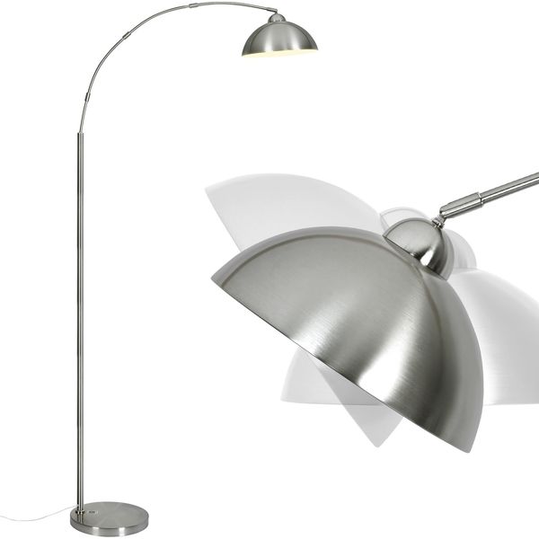 Bogenlampe Wohnzimmer Stehleuchte Mit E27 Led 9W, 3 Lichtfarben (2700K–5000K), Stehlampe Gebogen Mit Verstellbarem Lampenkopf, Stabiler 5Kg Sockel, Fußschalter, Nickel Matt Für Essbereich