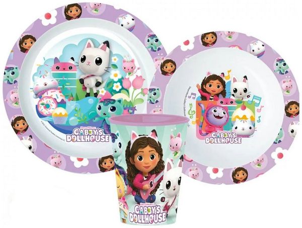 Dreamworks Gabby’s Dollhouse Kindergeschirr-Set Gabbys Dollhouse Kinder Geschirr-Set 3 tlg Becher Teller Schüssel (3-tlg), 1 Personen, BPA-Frei